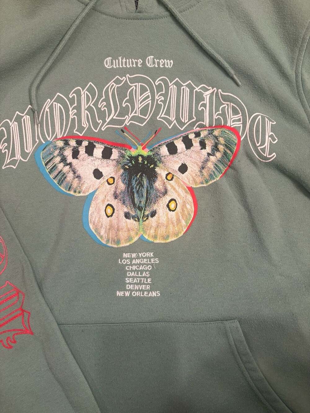 Culture Crew Moth Graphic Hoodie Green Pullover Streetwear World Wide Large Fall - Picture 3 of 12